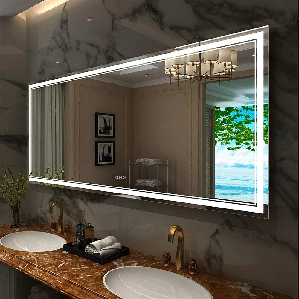 Bathroom Mirror with Front+Backlit Lights Dimmable Wall Vanity Mirrors Anti-Fog