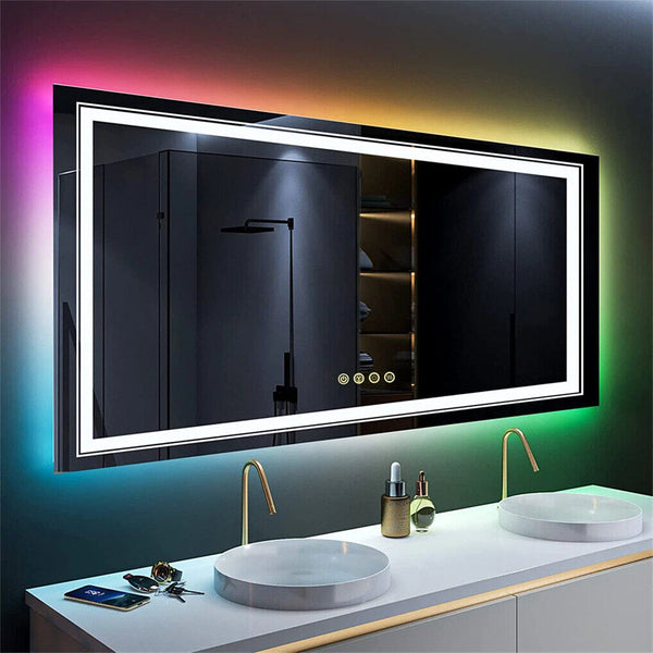 Large Bathroom HD Vanity Mirror RGB Multicolor Backlit+Adjustable Front-Lighted