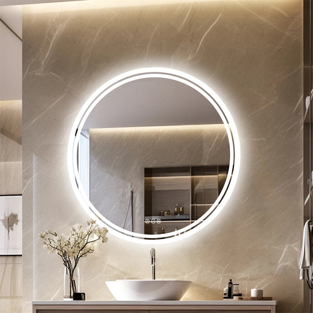24in Round Lighted Mirror LED Bathroom Vanity Wall Mounted Mirror Touch Anti-Fog