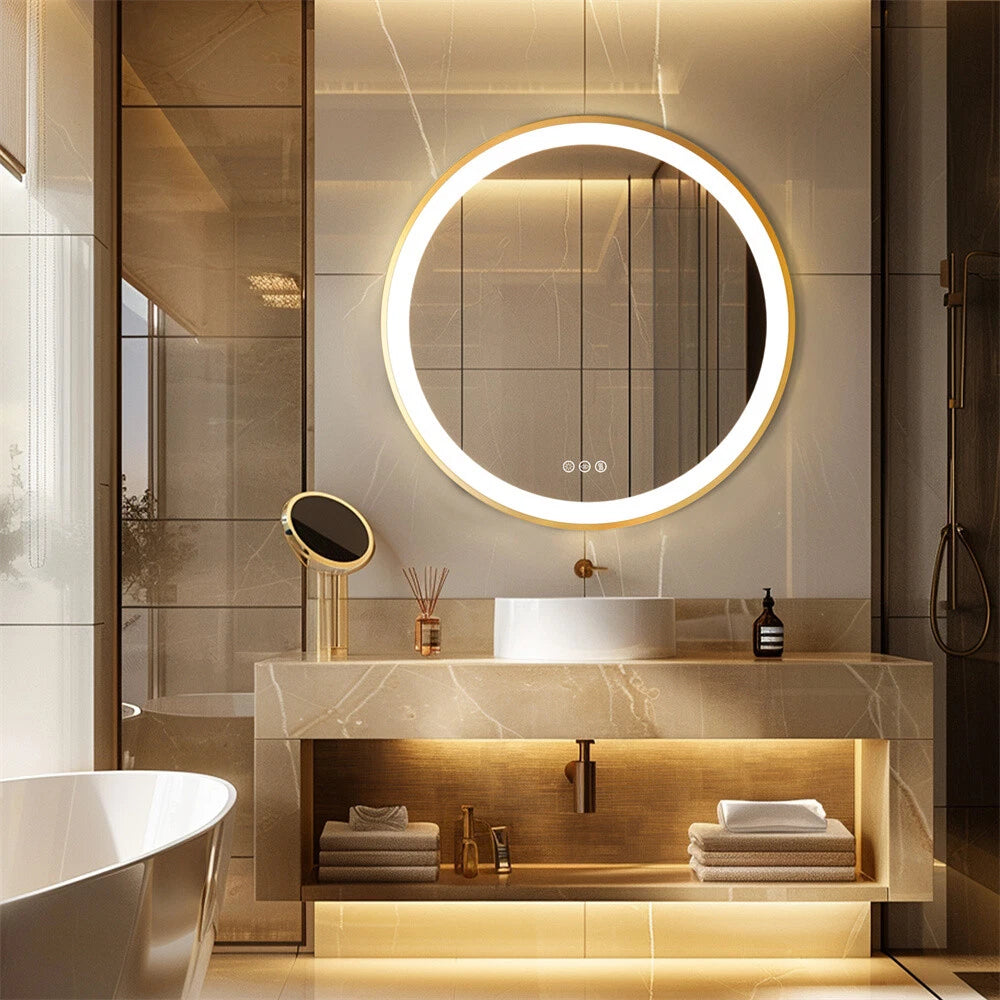 New Round LED Bathroom Mirror Gold Aluminum Frame Dimming Vanity Mirror Anti Fog