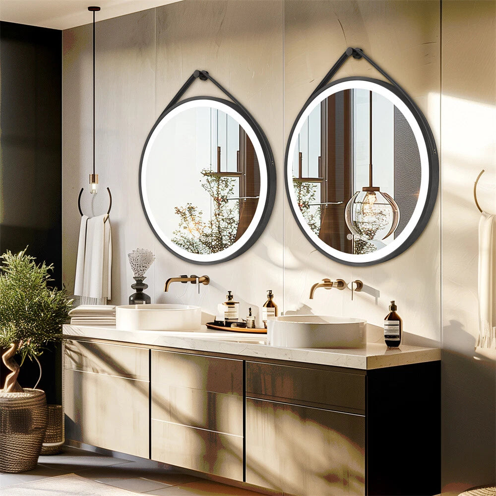 Round LED Bathroom Mirror Wall Hanging Dimmable Vanity Makeup Mirror with Strap
