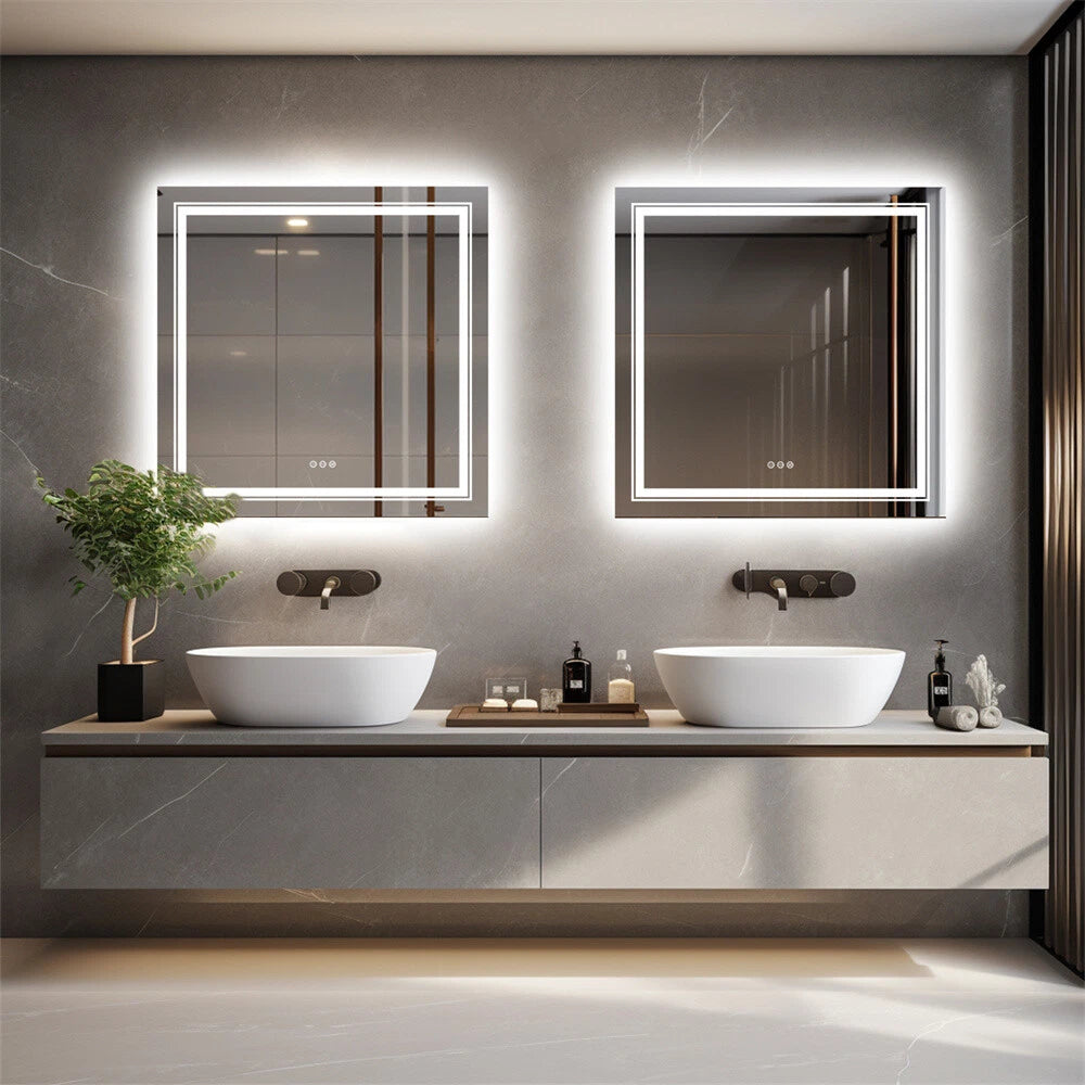 LED Bathroom Mirror Square HD Vanity Makeup Dimmable Anti-Fog Front Lit Backlit