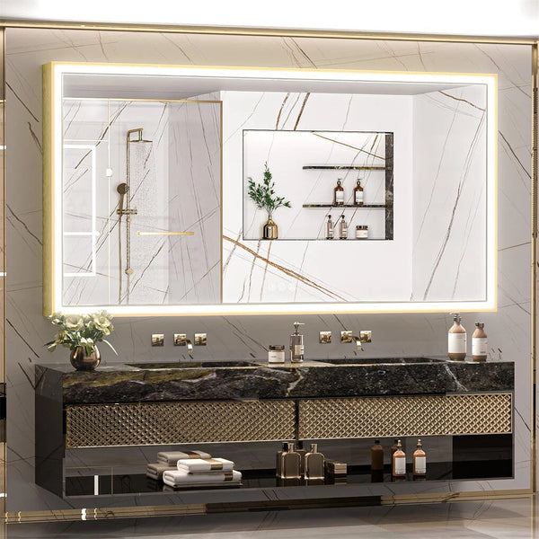 Large LED Bathroom Mirrors Front Light Gold Aluminum Framed Vanity Mirror