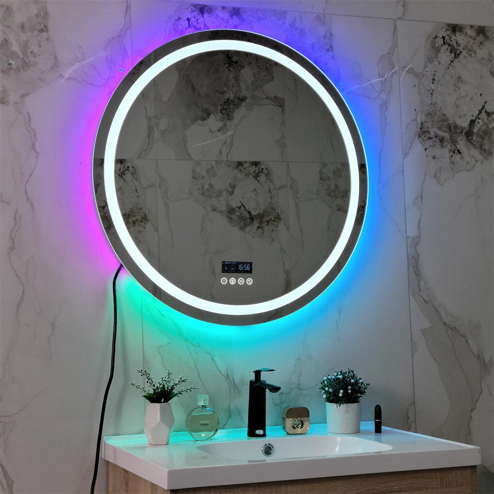 Bluetooth Led Bathroom Mirror w/ RGB Lights Date Time Temperature Makeup Mirror