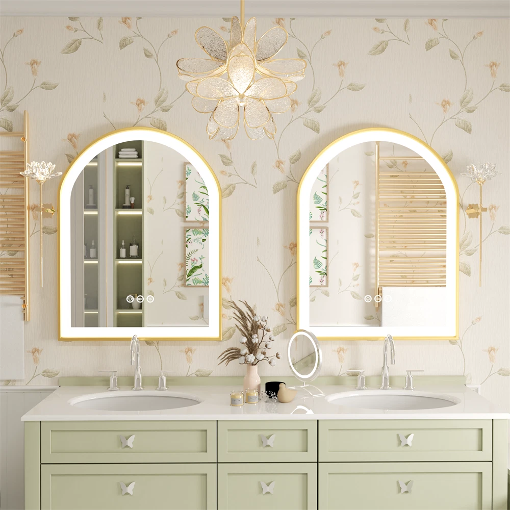 illuminated Gold LED Bathroom Mirror with Aluminum Framed for Vanity Dimmable HD