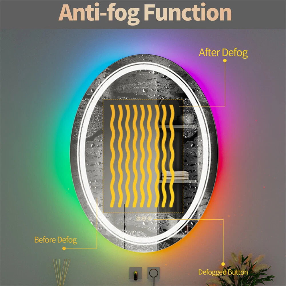 Oval Bathroom HD Vanity Mirror RGB Multicolor Backlit+Adjustable Front-Lighted