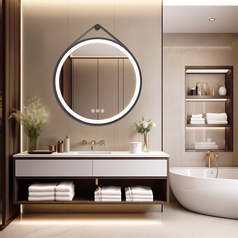Round LED Bathroom Mirror Wall Hanging Dimmable Vanity Makeup Mirror with Strap