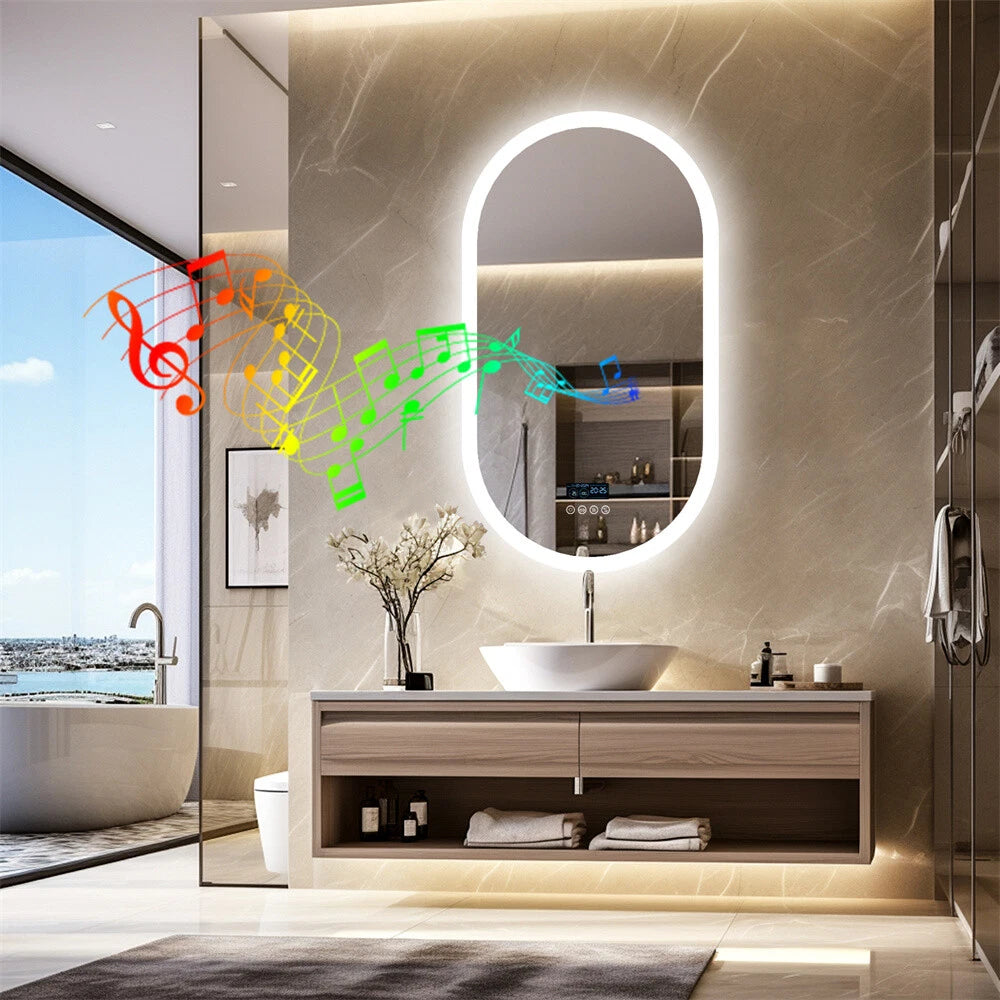 Large Bluetooth LED Bathroom Mirror Wall Vanity Mirror Dimmable Anti-fog Touch
