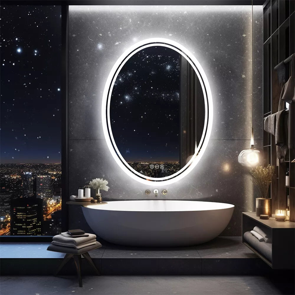 Large Oval LED Bathroom Vanity Mirror with 3 Color lights Dimmable Memory Smart