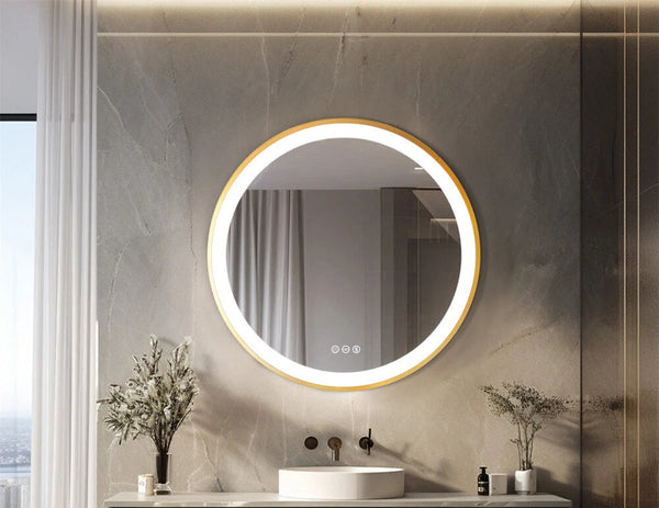 New Round LED Bathroom Mirror Gold Aluminum Frame Dimming Vanity Mirror Anti Fog