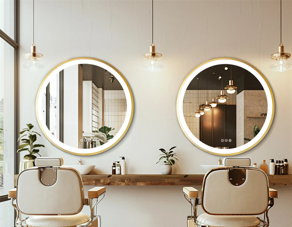New Round LED Bathroom Mirror Gold Aluminum Frame Dimming Vanity Mirror Anti Fog
