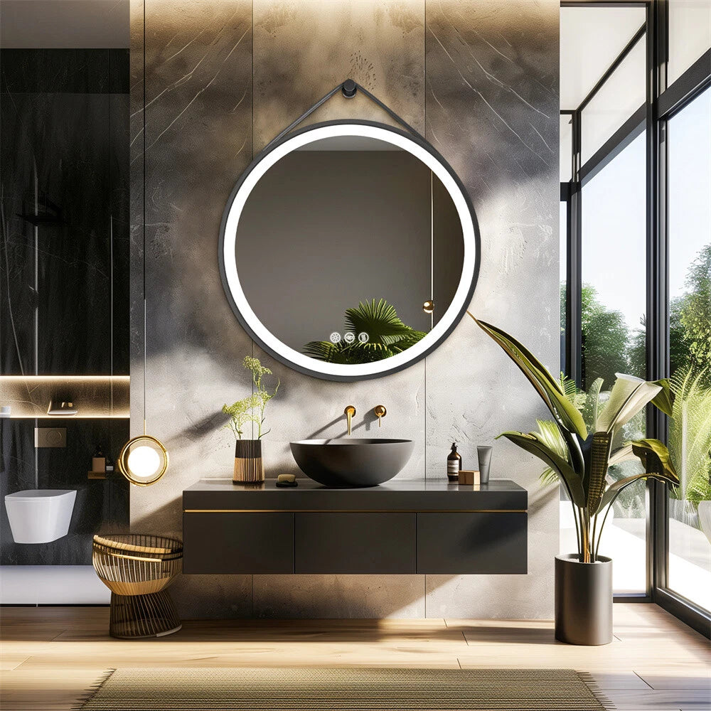Round LED Bathroom Mirror Wall Hanging Dimmable Vanity Makeup Mirror with Strap