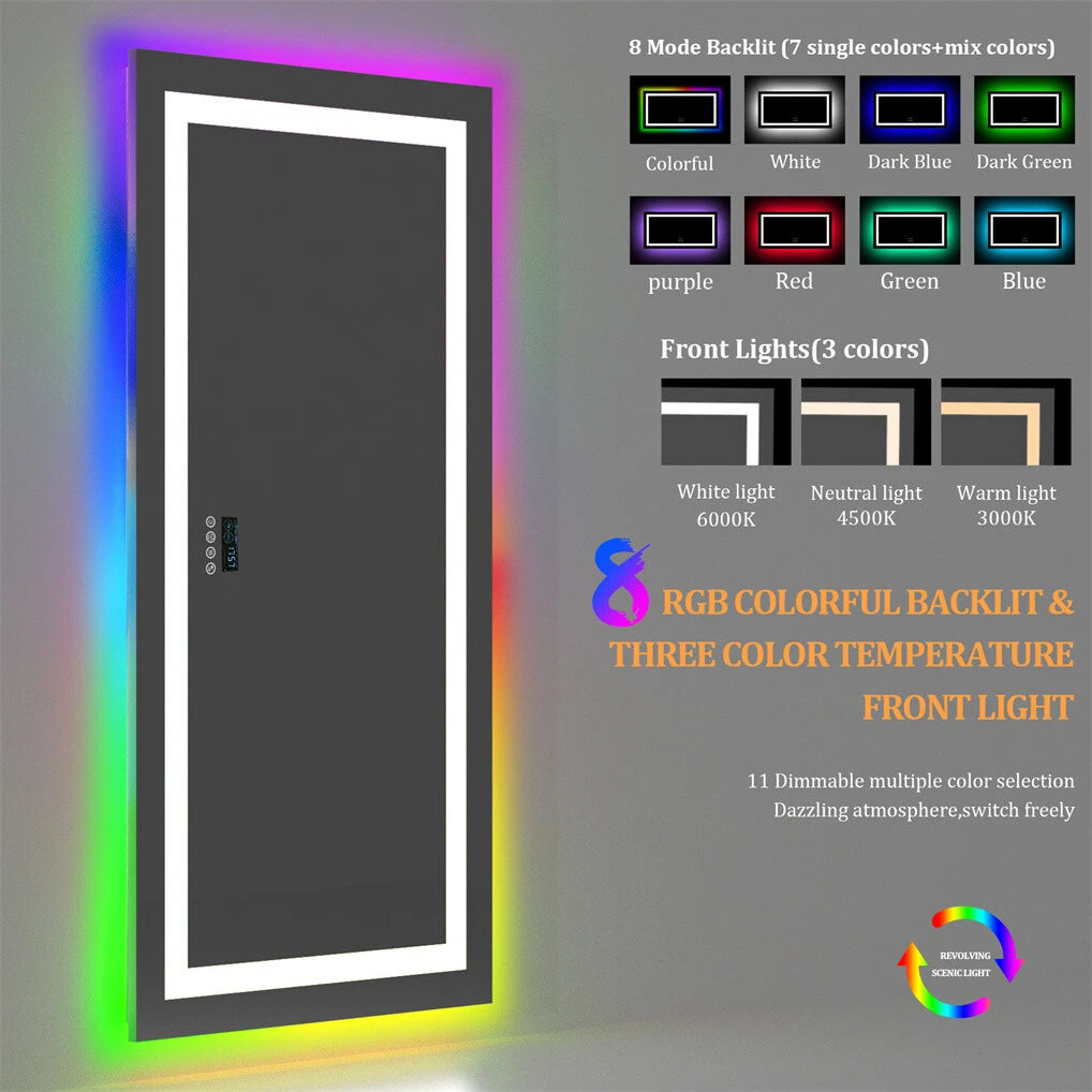 Large Bluetooth LED Bathroom Mirror with Lights+RGB Backlit Anti Fog Vanity Mirror