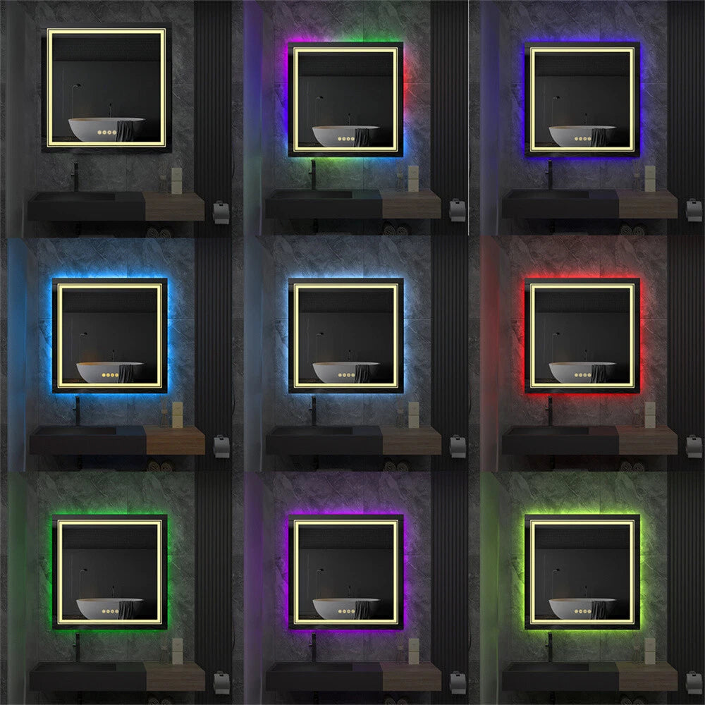 Square Bathroom HD Vanity Mirror RGB Multicolor Backlit+Adjustable Front-Lighted