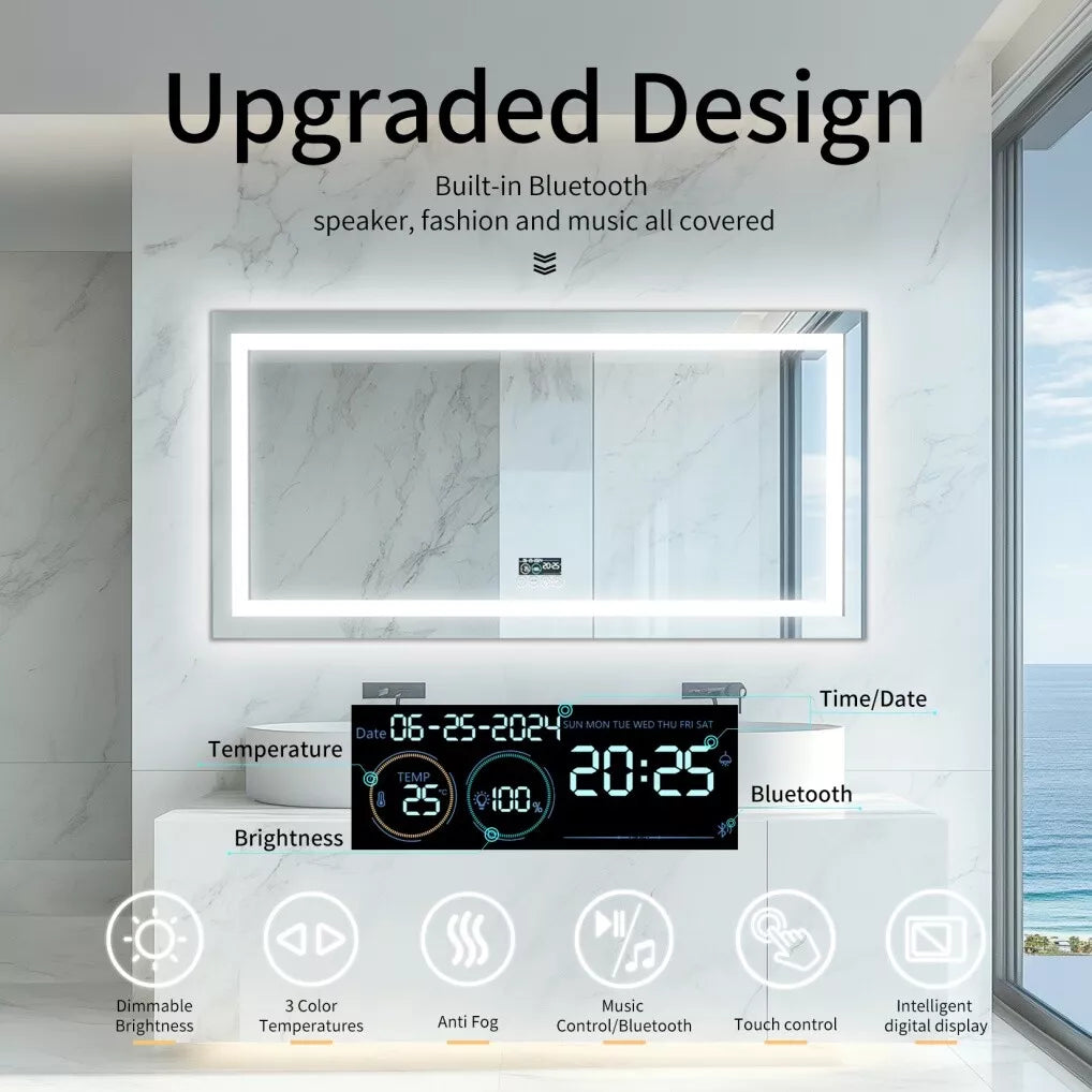Large LED Bluetooth Mirror Bathroom Vanity Mirror Anti-Fog, Dimmable,HD 71x32 in