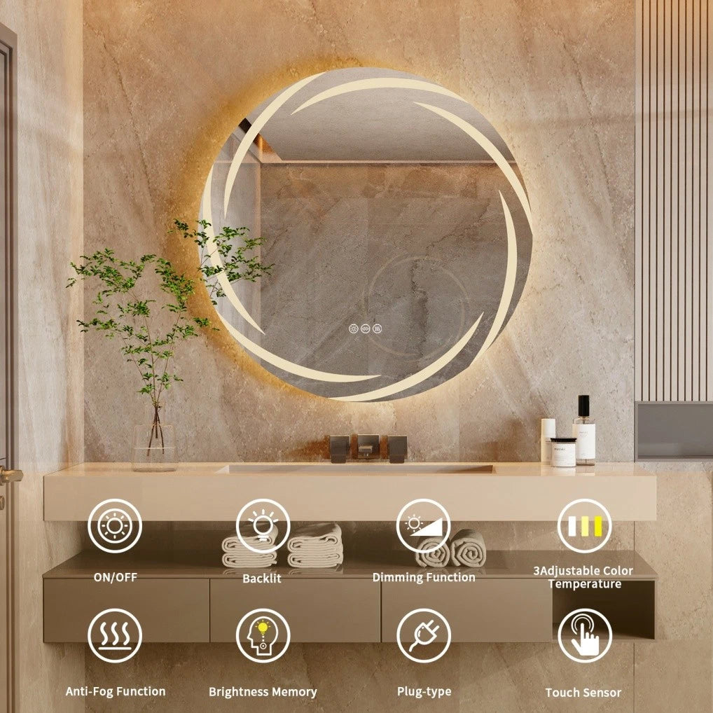 Illuminated Bathroom Wall Mirror Round LED Vanity Makeup Mirror Stepless Dimming