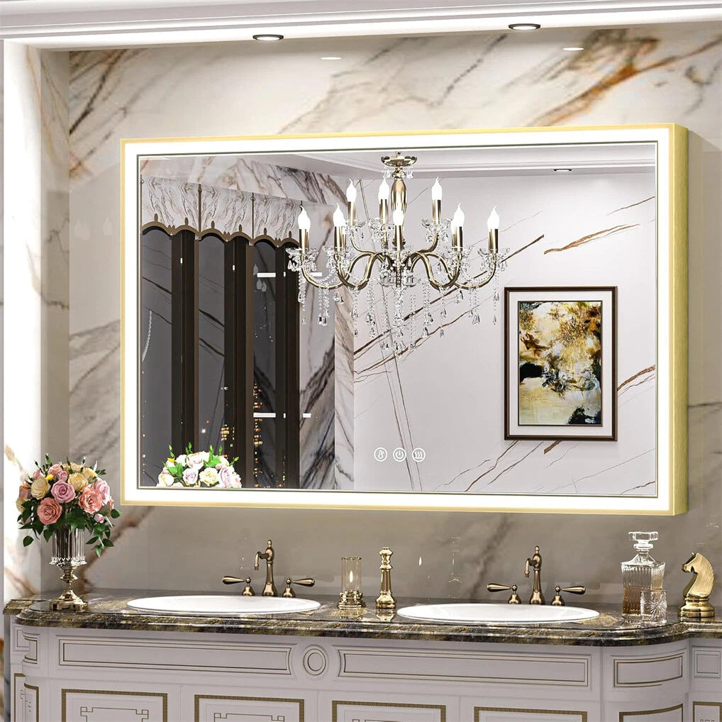 Large LED Bathroom Mirrors Front Light Gold Aluminum Framed Vanity Mirror