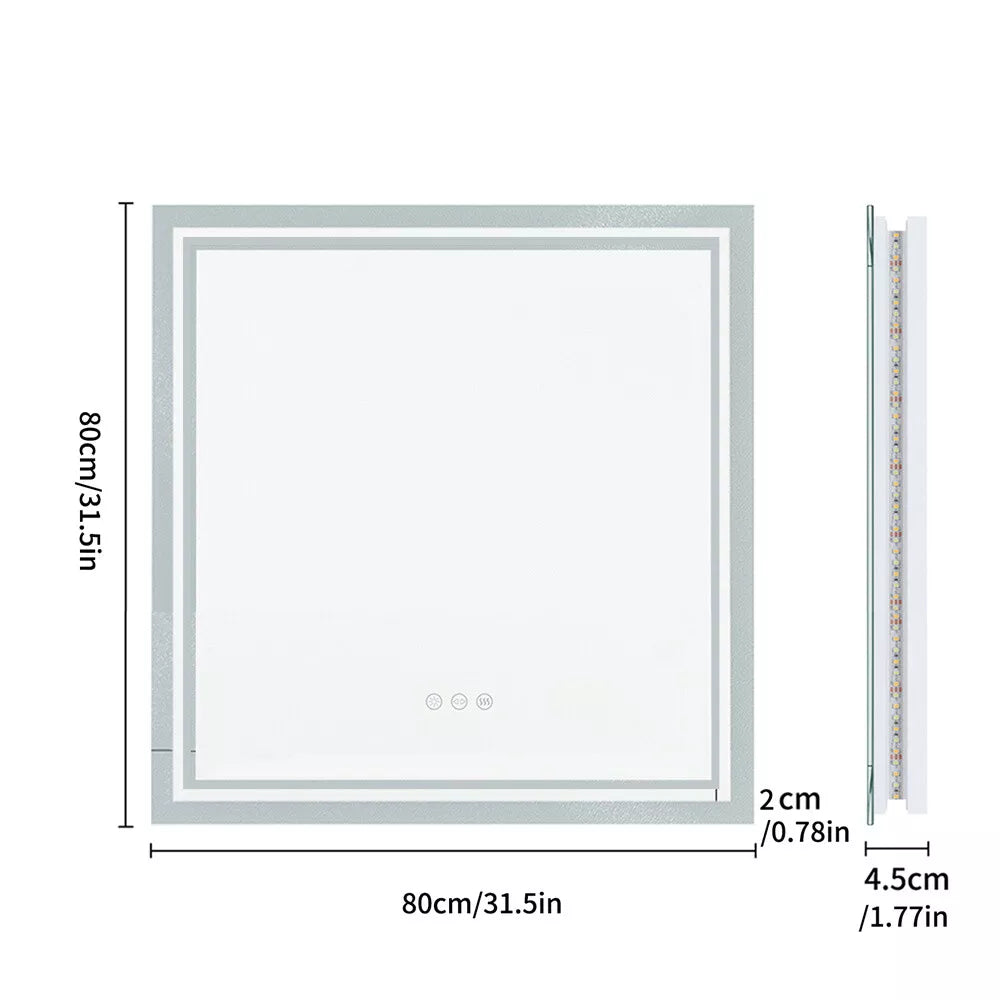 LED Bathroom Mirror Square HD Vanity Makeup Dimmable Anti-Fog Front Lit Backlit