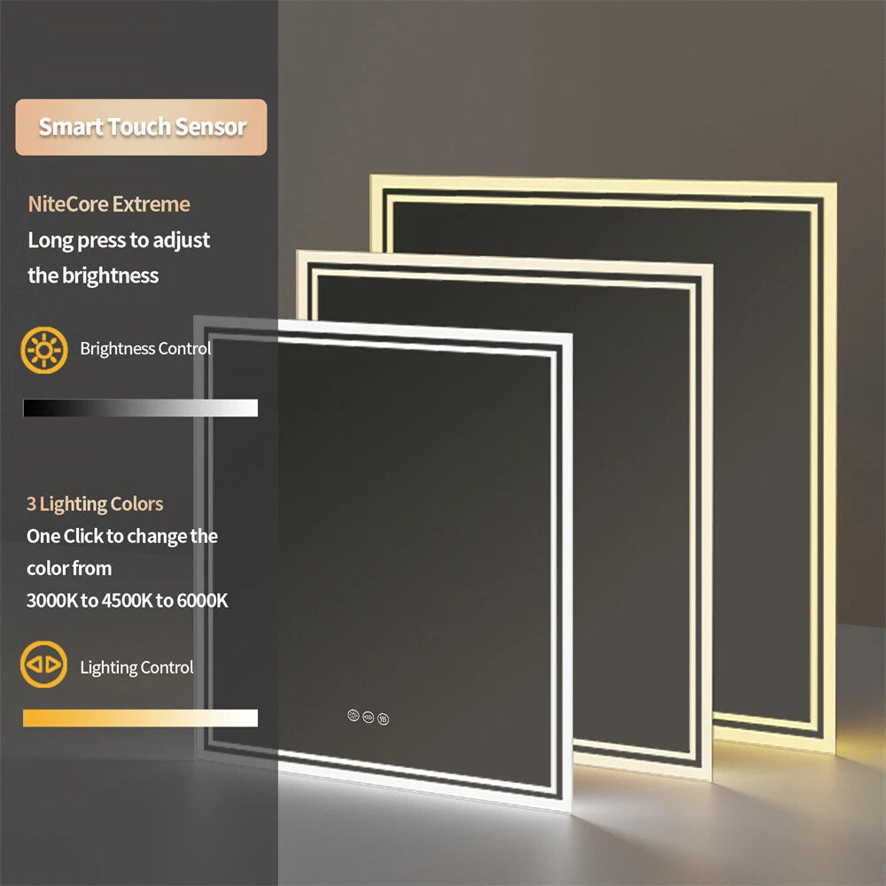 LED Bathroom Mirror Square HD Vanity Makeup Dimmable Anti-Fog Front Lit Backlit