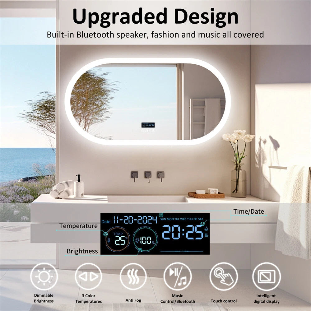 Large Bluetooth LED Bathroom Mirror Wall Vanity Mirror Dimmable Anti-fog Touch