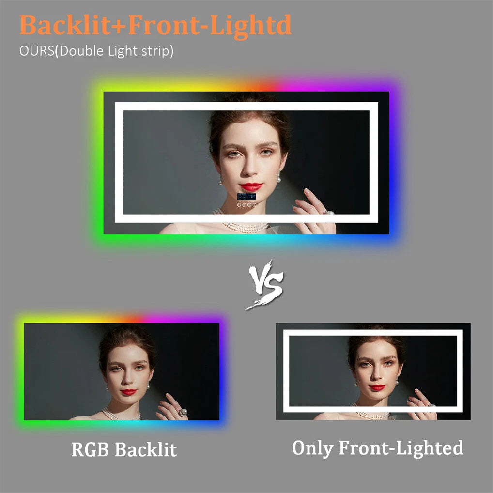 Large Bluetooth LED Bathroom Mirror with Lights+RGB Backlit Anti Fog Vanity Mirror