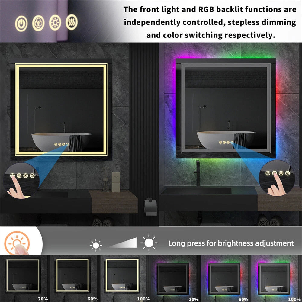 Square Bathroom HD Vanity Mirror RGB Multicolor Backlit+Adjustable Front-Lighted
