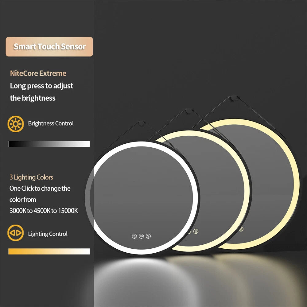 Round LED Bathroom Mirror Wall Hanging Dimmable Vanity Makeup Mirror with Strap