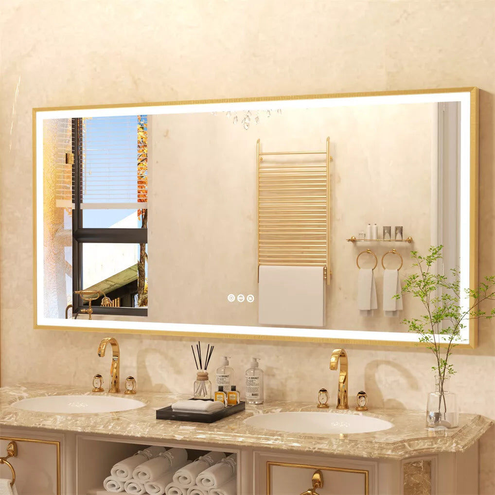 Large LED Bathroom Mirrors Front Light Gold Aluminum Framed Vanity Mirror