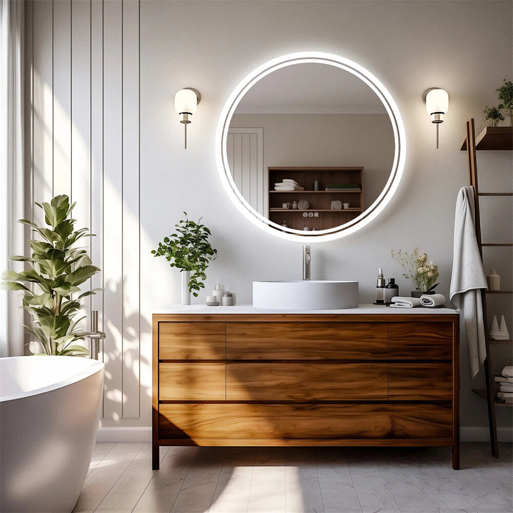 24in Round Lighted Mirror LED Bathroom Vanity Wall Mounted Mirror Touch Anti-Fog