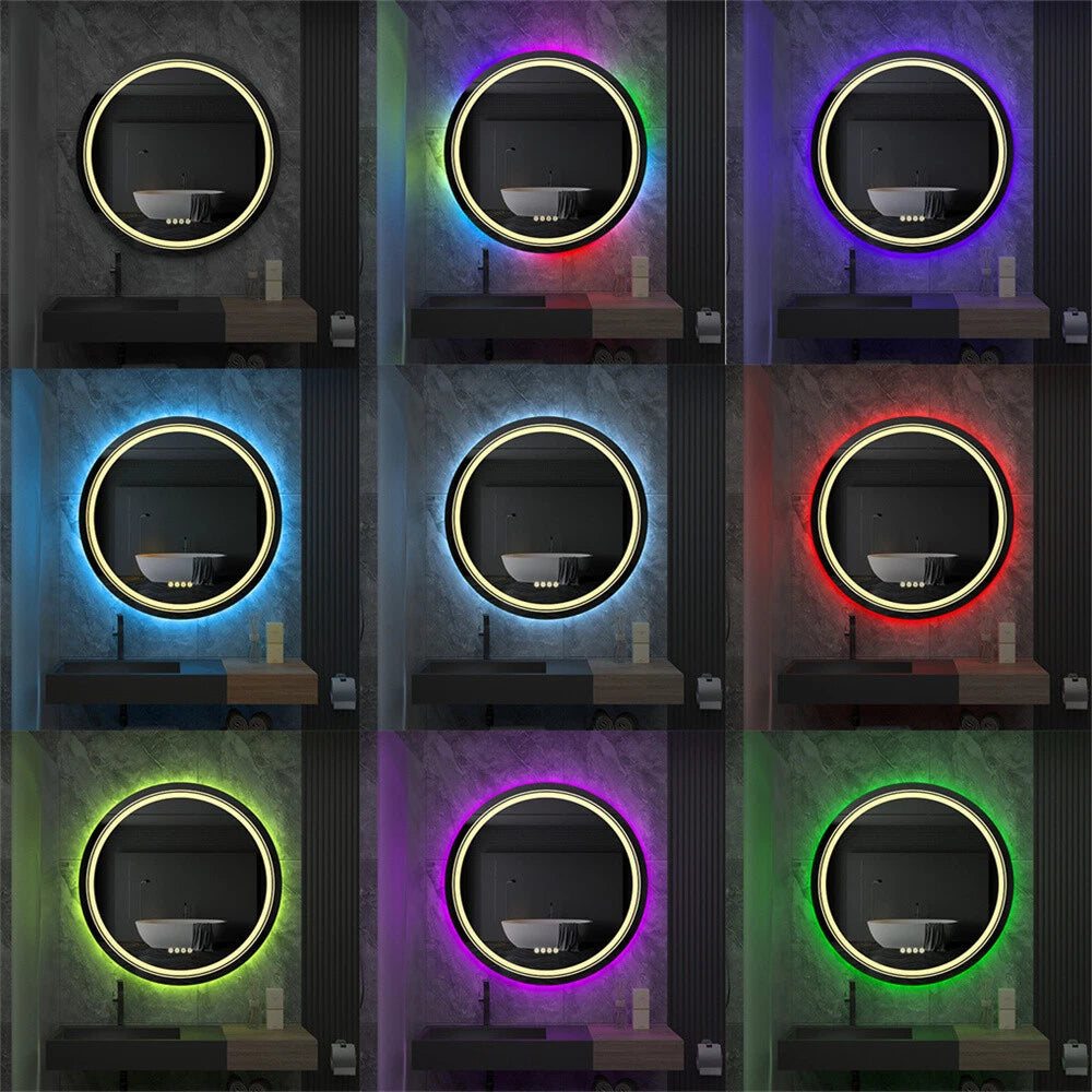 Round Bathroom HD Vanity Mirror RGB Multicolor Backlit+Adjustable Front-Lighted