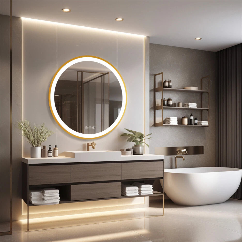 New Round LED Bathroom Mirror Gold Aluminum Frame Dimming Vanity Mirror Anti Fog