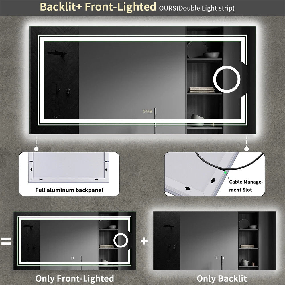 Large LED Bathroom Mirror Wall Mounted Vanity Touch Dimmable Magnifying Mirrors
