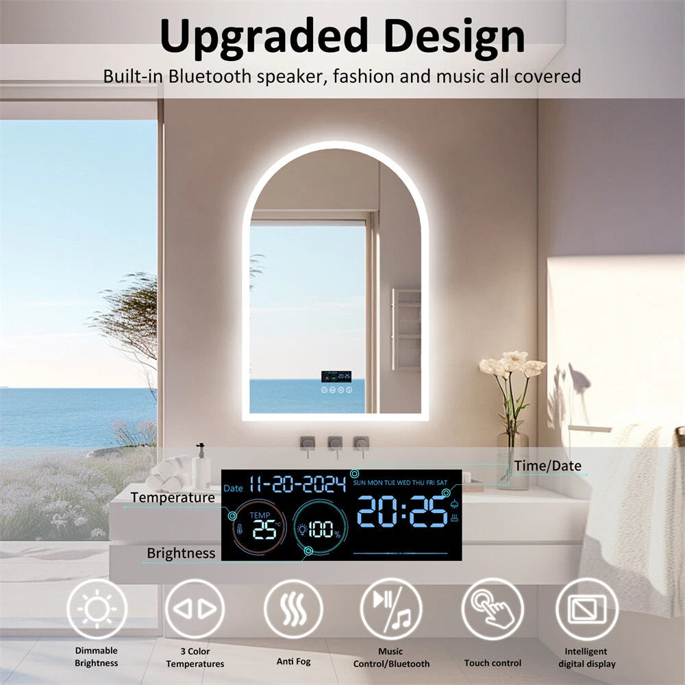 LED Bathroom Lighted Mirror w/ Bluetooth Antifog Dimmable Vanity Digital Display