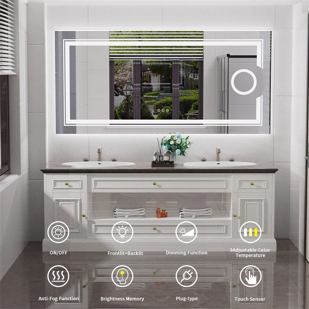 Large LED Bathroom Mirror Wall Mounted Vanity Touch Dimmable Magnifying Mirrors
