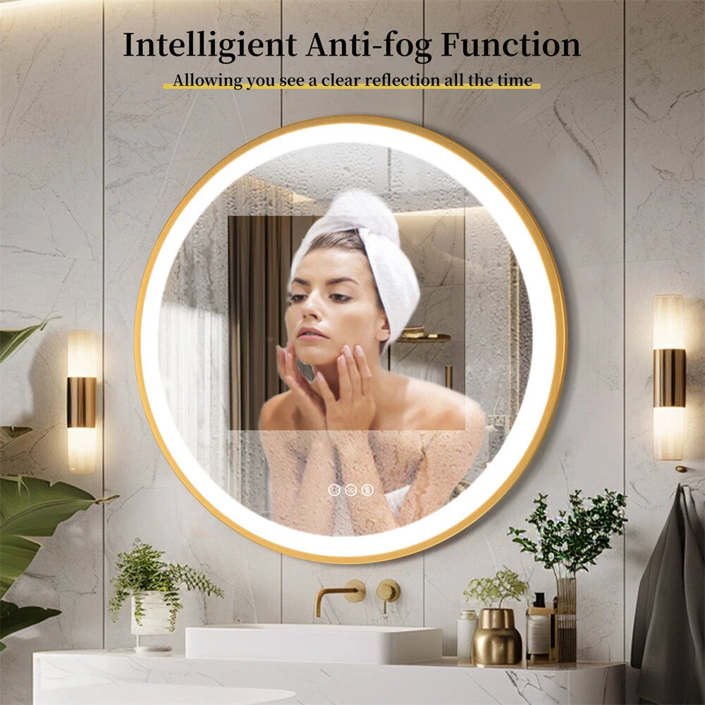 New Round LED Bathroom Mirror Gold Aluminum Frame Dimming Vanity Mirror Anti Fog
