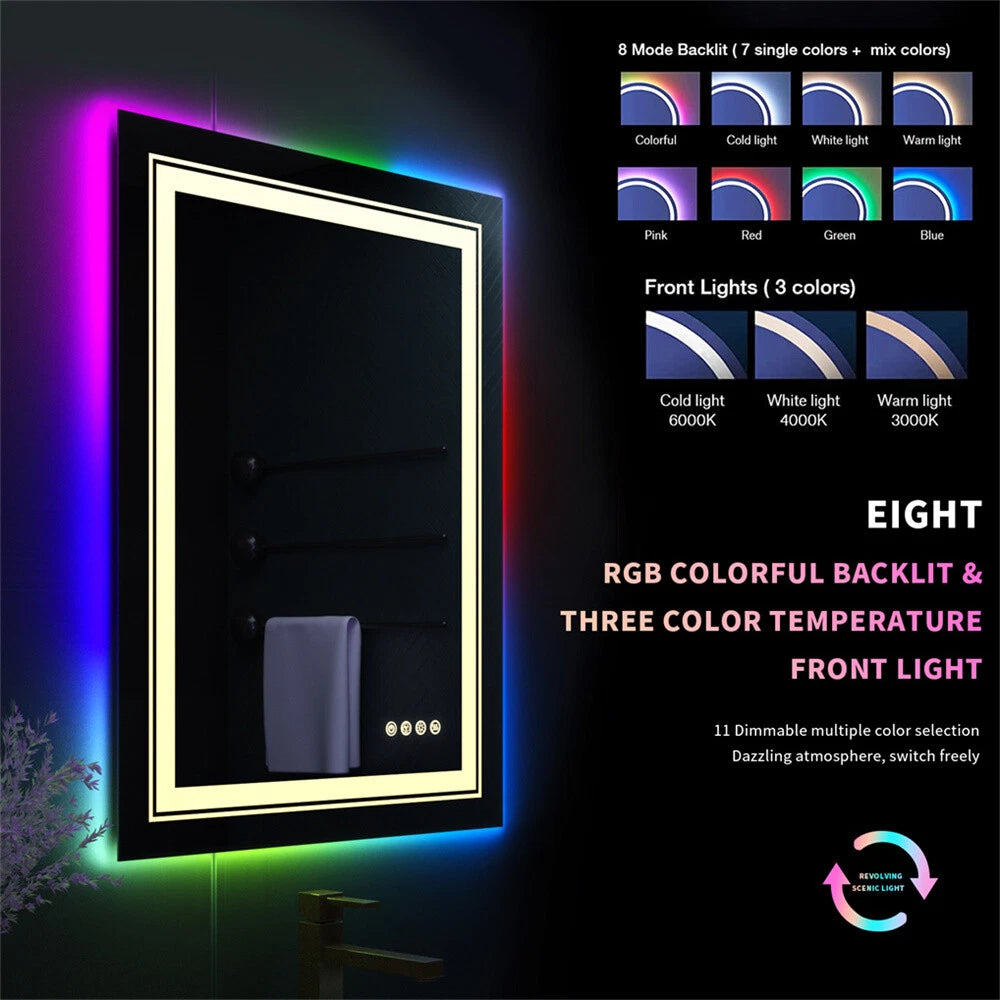 Large Bathroom HD Vanity Mirror RGB Multicolor Backlit+Adjustable Front-Lighted