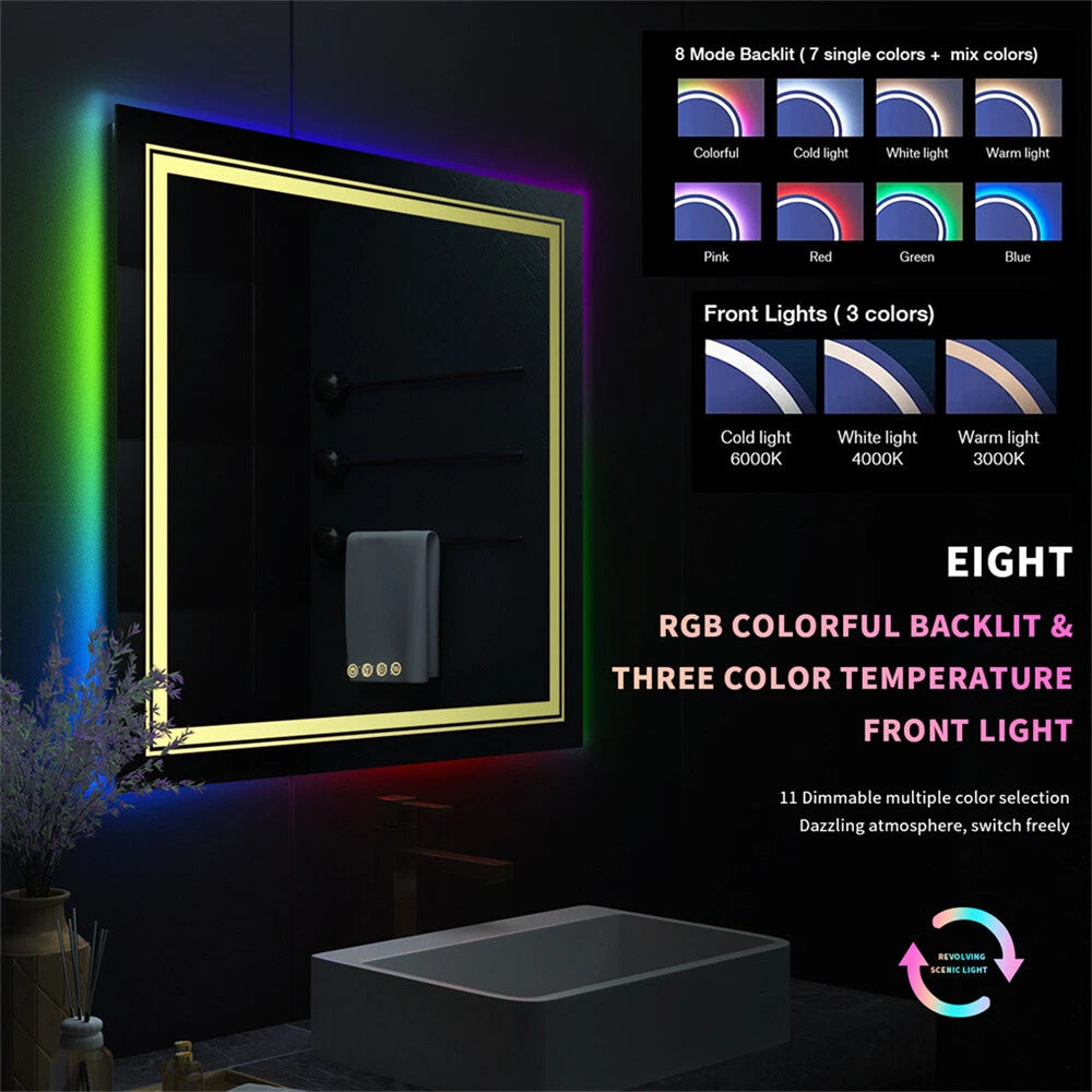 Square Bathroom HD Vanity Mirror RGB Multicolor Backlit+Adjustable Front-Lighted