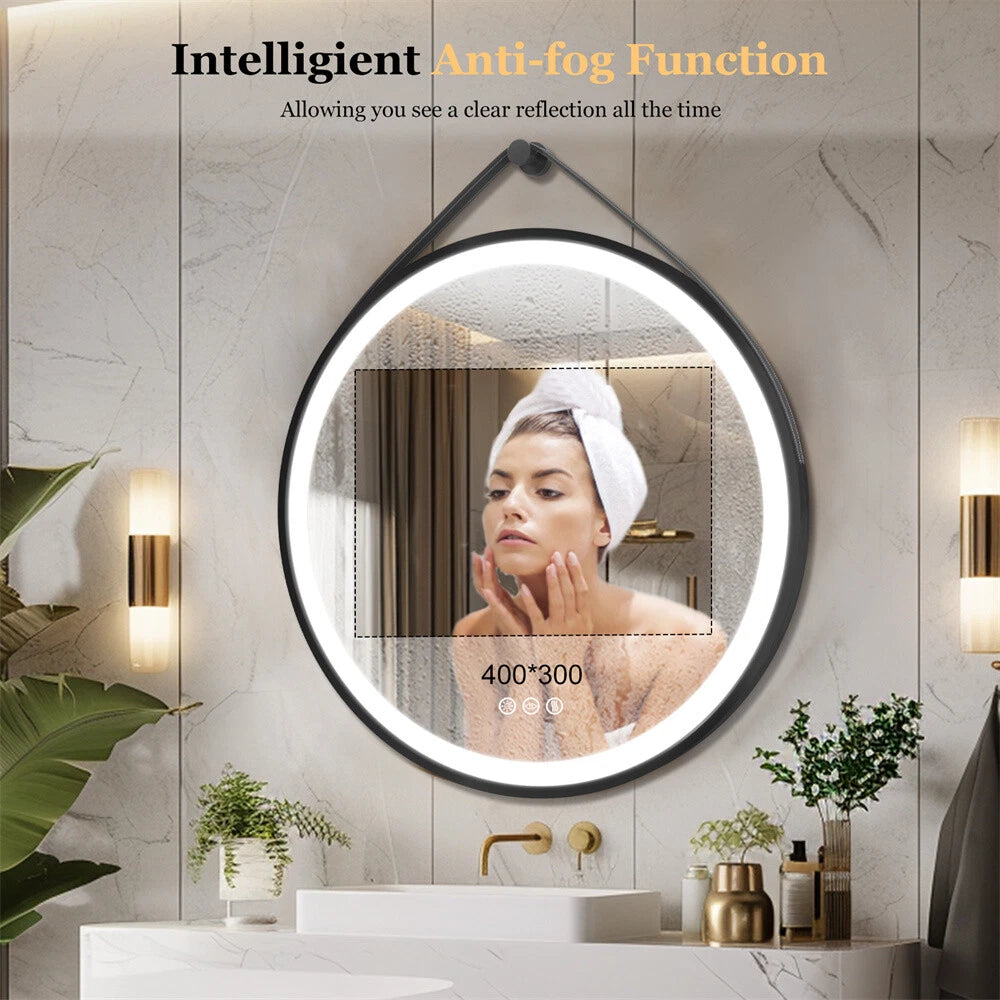 Round LED Bathroom Mirror Wall Hanging Dimmable Vanity Makeup Mirror with Strap