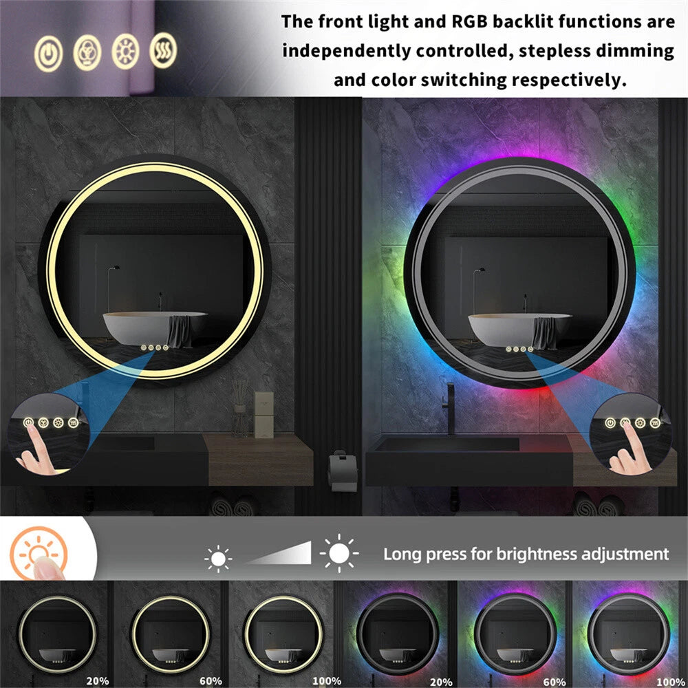 Round Bathroom HD Vanity Mirror RGB Multicolor Backlit+Adjustable Front-Lighted