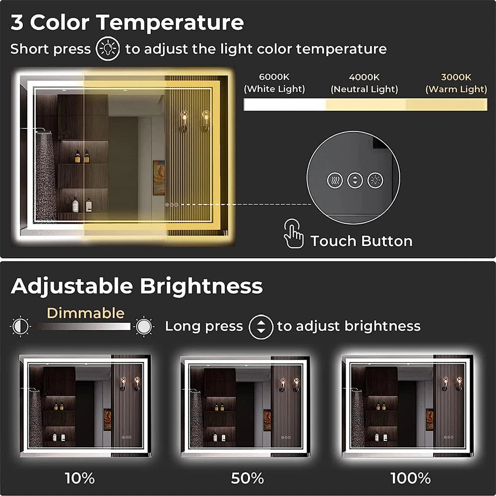 LED Bathroom Mirror With Front Backlit Dimmable Vanity Wall Mirror HD Anti-fog wisinhome wisinhome (14293)