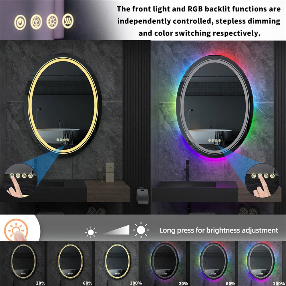 Oval Bathroom HD Vanity Mirror RGB Multicolor Backlit+Adjustable Front-Lighted