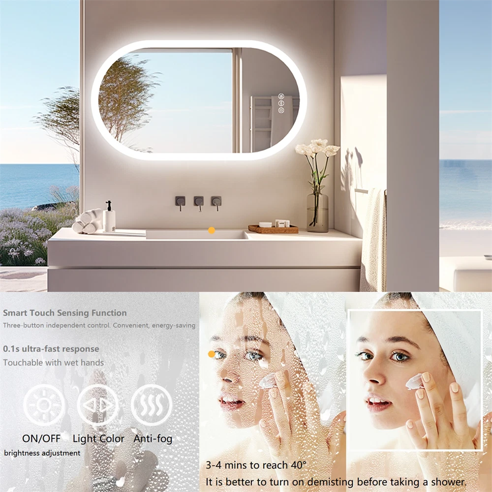 Stepless Dimming Illuminated LED Bathroom Mirror Vanity Makeup Wall Mounted Oval