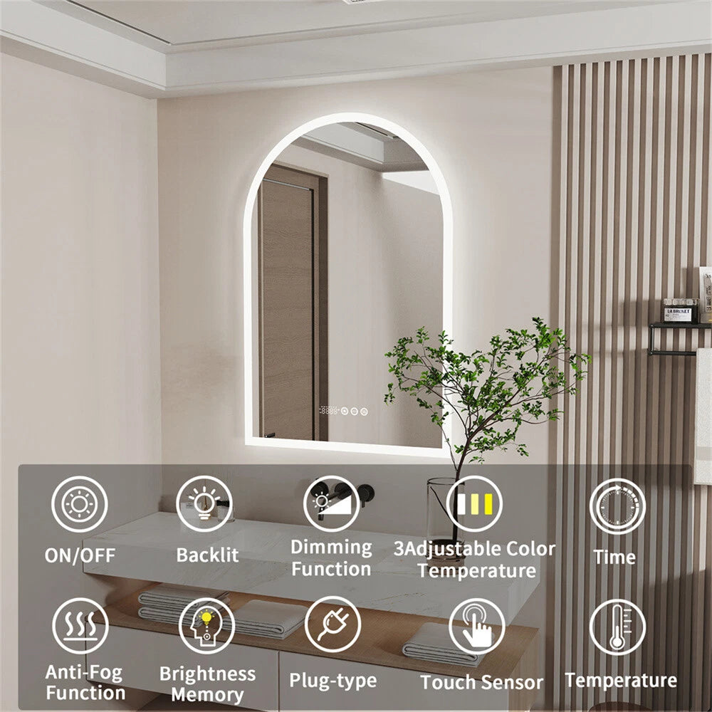 Backlit Bathroom Mirror Arched Wall Vanity Mirror 3 Color Lights Anti-fog Makeup