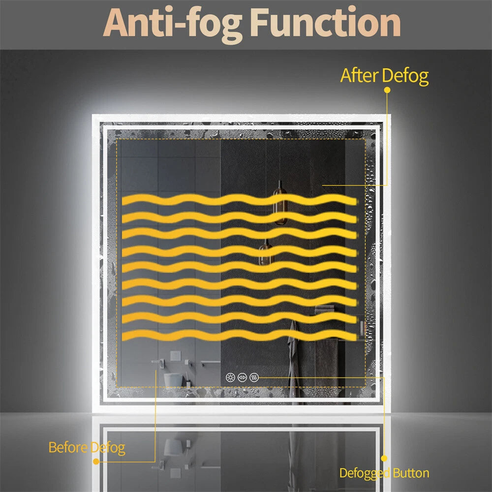 LED Bathroom Mirror Square HD Vanity Makeup Dimmable Anti-Fog Front Lit Backlit