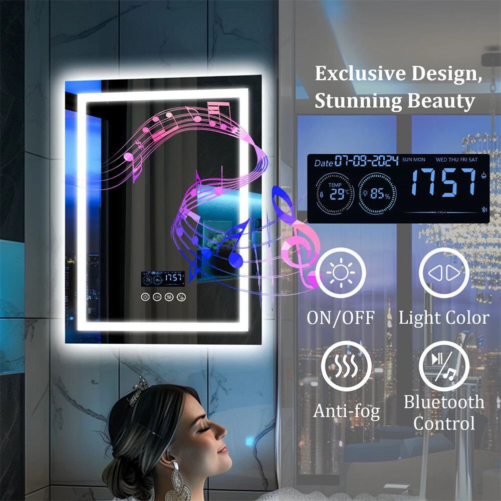 Anti-fog LED Lighted Bathroom Mirror with Bluetooth Speaker Front-lit Backlight