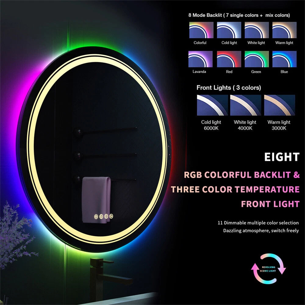 Round Bathroom HD Vanity Mirror RGB Multicolor Backlit+Adjustable Front-Lighted