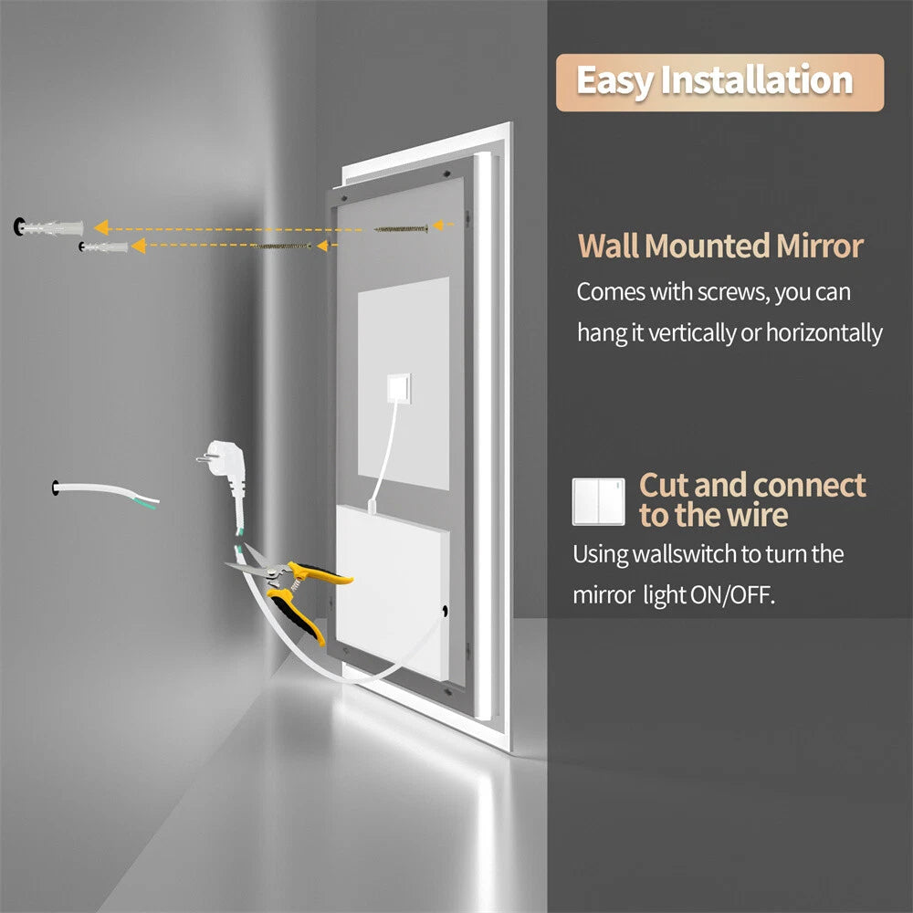 LED Bathroom Mirror Square HD Vanity Makeup Dimmable Anti-Fog Front Lit Backlit