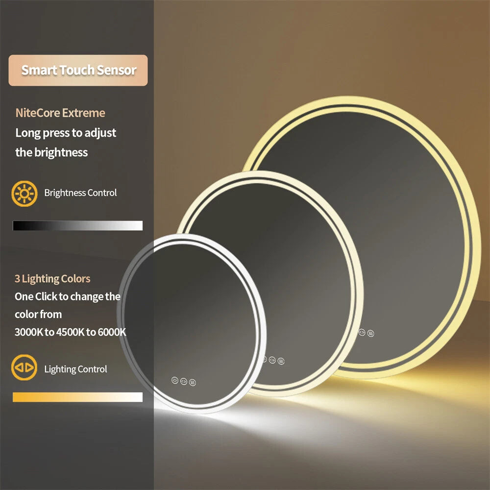 24in Round Lighted Mirror LED Bathroom Vanity Wall Mounted Mirror Touch Anti-Fog