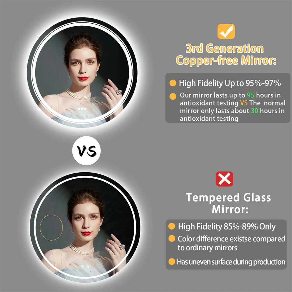 LED Round Mirror Bathroom Vanity Mirror With Lights Anti-fog Dimmable