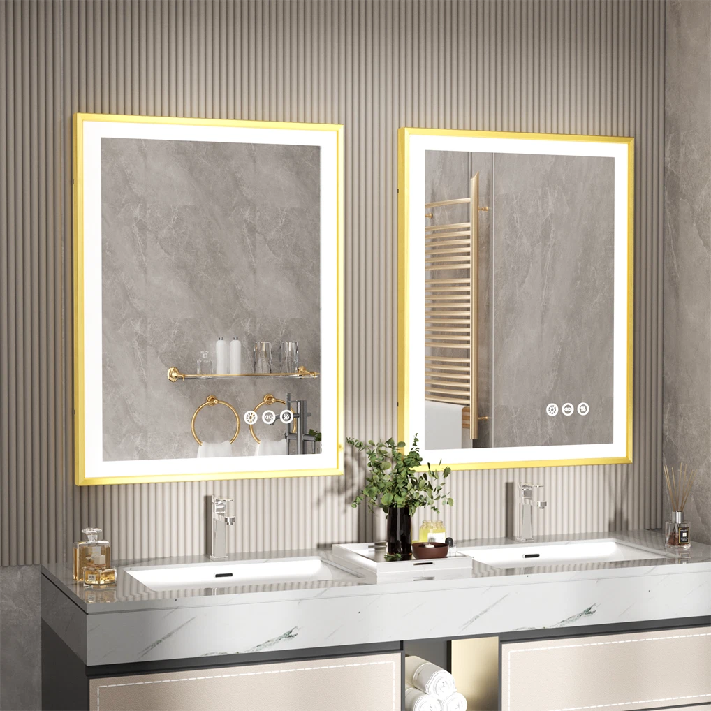 Large LED Bathroom Mirrors Front Light Gold Aluminum Framed Vanity Mirror